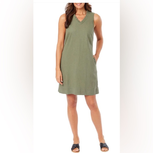 Dresses & Skirts - Sleeveless Olive Green V-Neck Midi Dress 
(Bin 5)